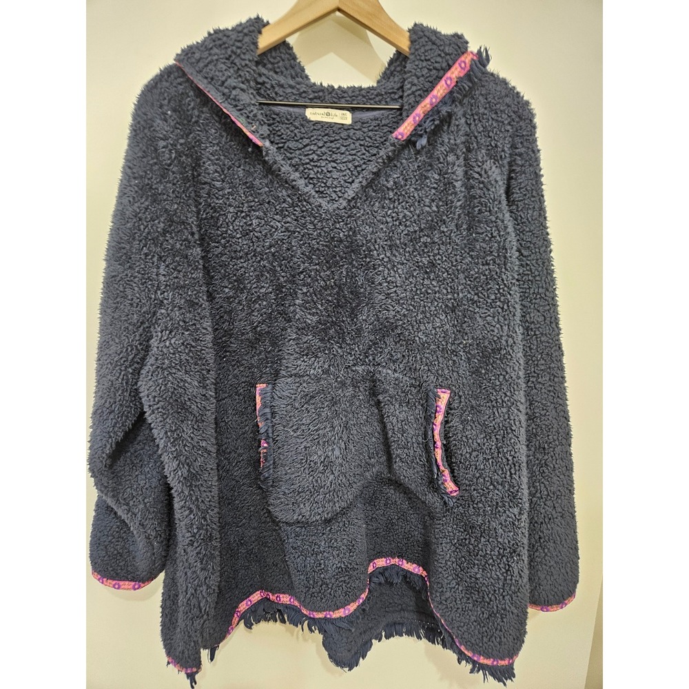 Natural Life Navy Sherpa Fleece Hoodie Boho Floral Trim Fringe One Size Oversize
